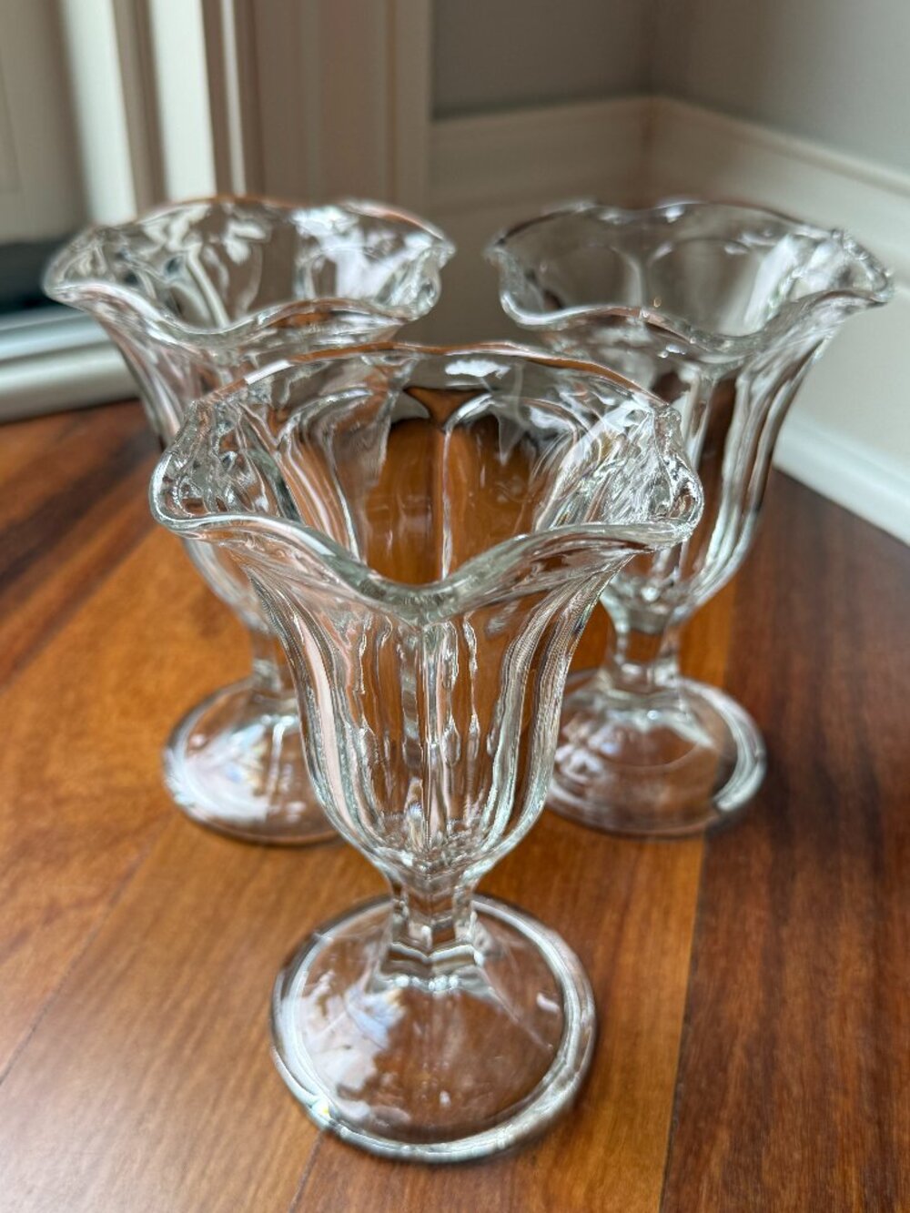Three (3) Vintage Anchor Hocking Tulip Shaped Ice Cream Sundae Glasses